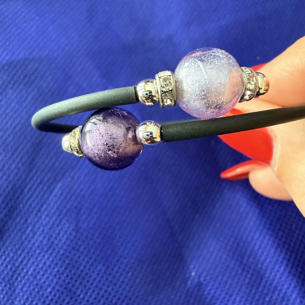 Purple Glass Bead Rubber Cuff Bracelet Womens Open Bangle Modern Boho Statement